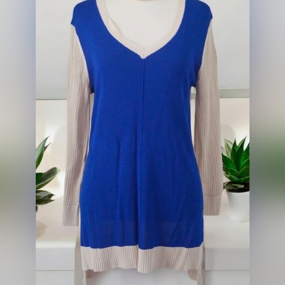 Cable & Gauge Blue and Cream V-Neck Long Sleeve Blouse XL